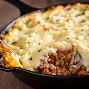 A pan full of hearty Shepherds Pie